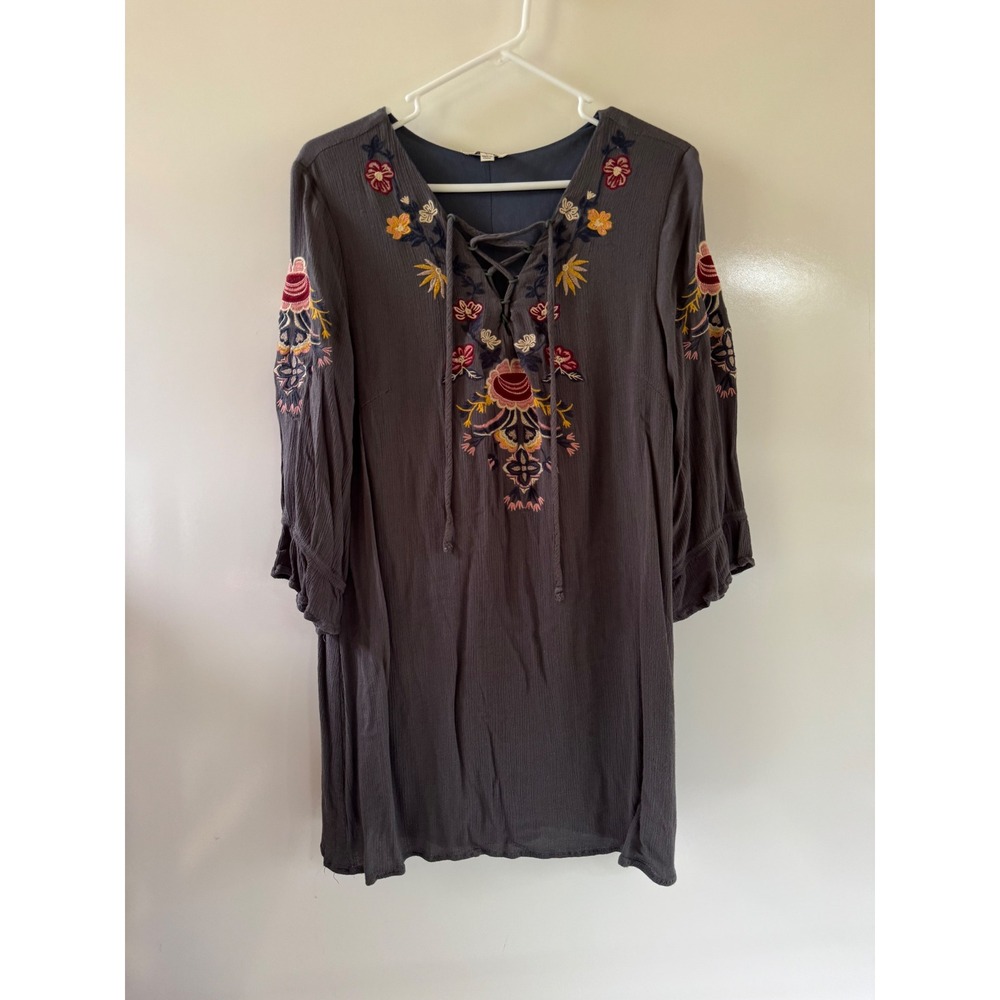 Umgee Gray Floral Embroidered Lace Up Tunic Dress Boho G0873 Large